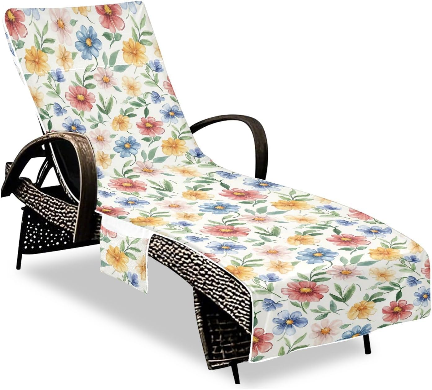 Lounge Chair Towel Cover Summer Beach Chair Lounge Cover with Pockets, Watercolor Flowers Portable Soft Absorbent Outdoor Chaise Towel Covers for Pool Patio Garden Sunbathing, 85'' x 30''