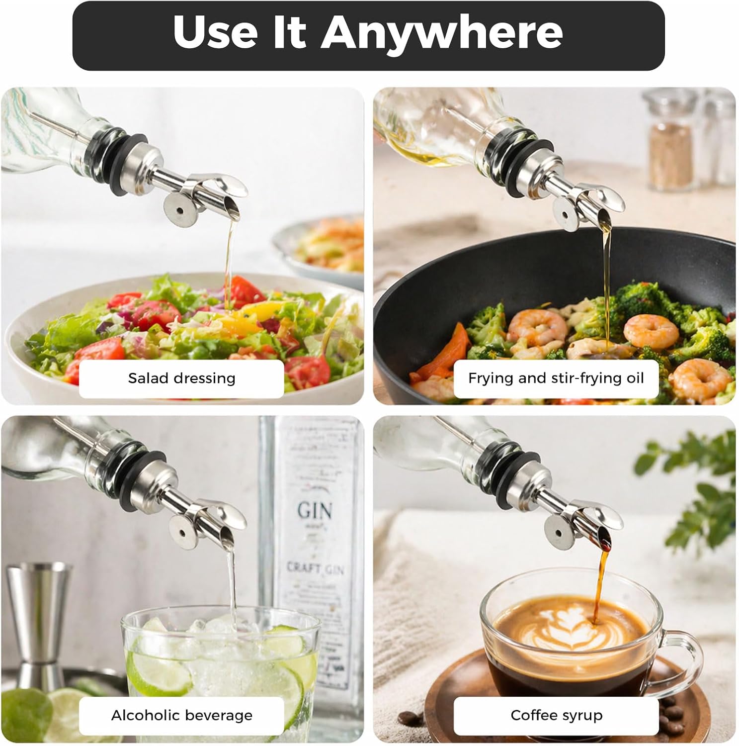 7-Piece Bottle Pourers for Dispenser, Olive Oil Pour Spout with Adapters & Brush, Auto Open & Close No-Drip Pourer Spouts with Dust Caps for Vinegar, Oils, Syrup, Liquor Bottle Pourers