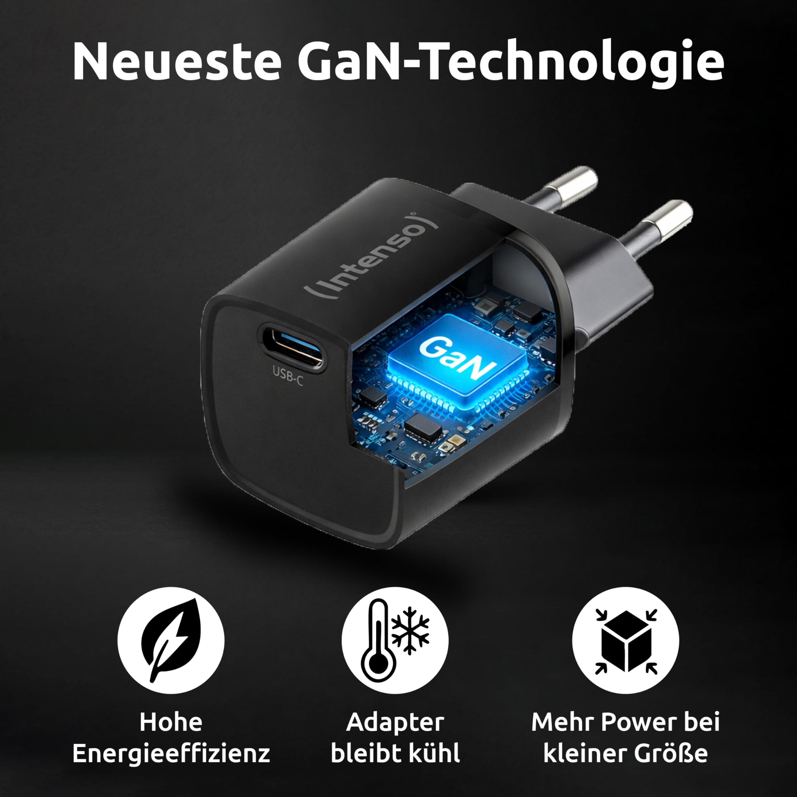 Intenso Adapter zasilania W30C² GaN, USB-C zasilacz sieciowy o mocy 30 W i technologii GaN, czarny