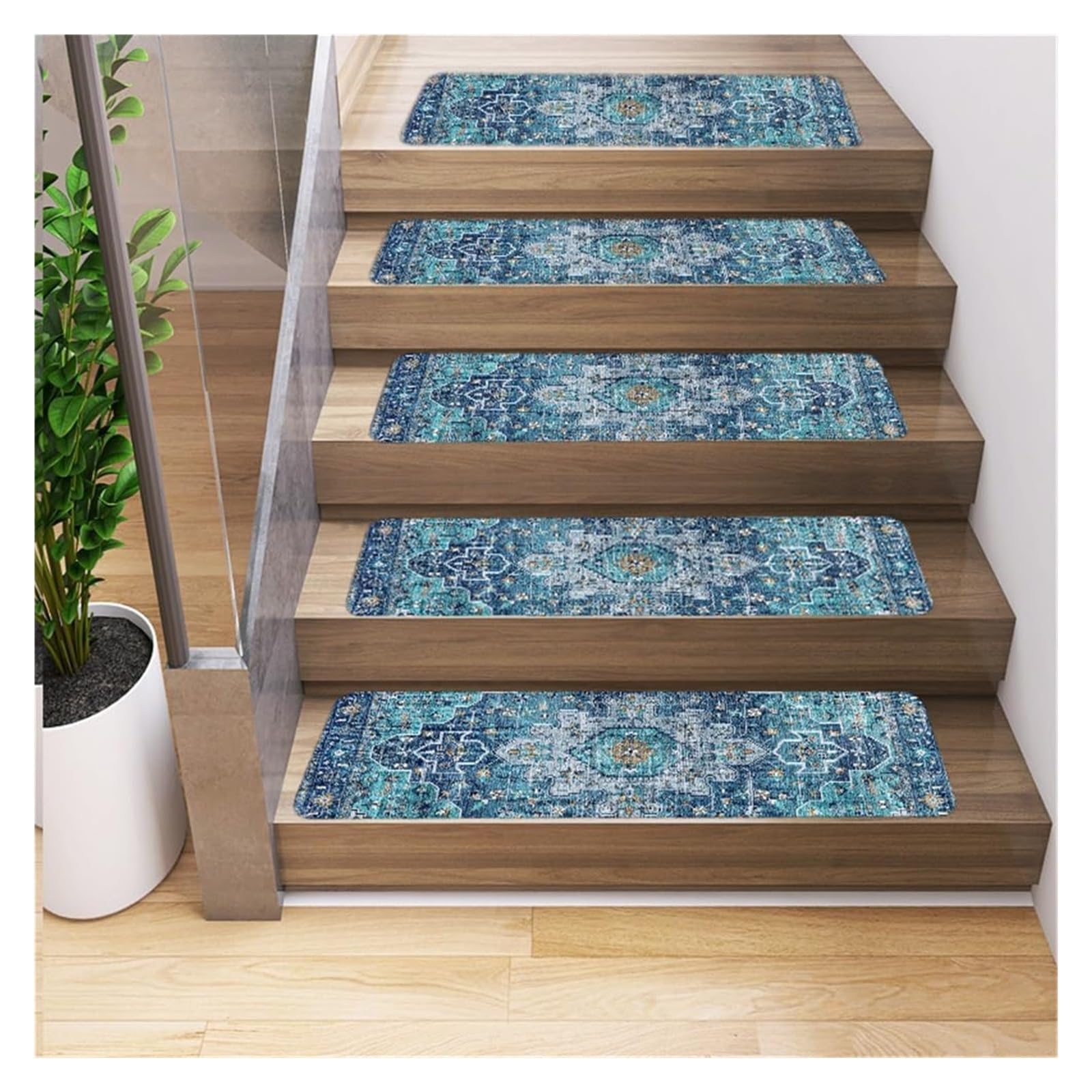 Treppenläufer-Teppich for Treppen, Treppenteppichläufer, 5er-Set, Rutschfester Treppenstufen-Teppich mit Gummirücken, 20,3 x 76,2 cm, Retro-Ethno-Geometrie(Blue)