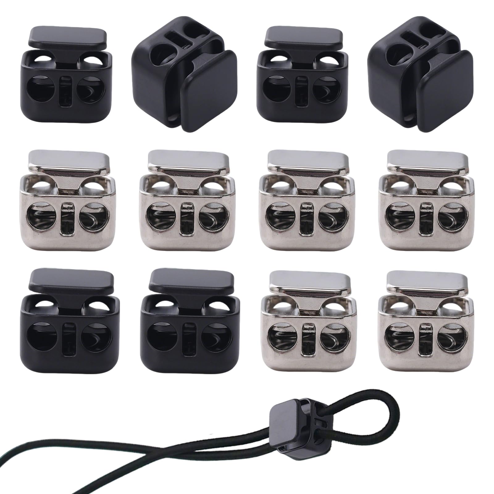 12 Pack Heavy Duty Metal Cord Locks, Double Hole Drawstring Stopper Fasteners, Zinc Alloy Spring Loaded Cord Adjusters, Black & Silver Toggles for Shoelaces, Bags, Hoodies, Pants, Tents & Sportswear