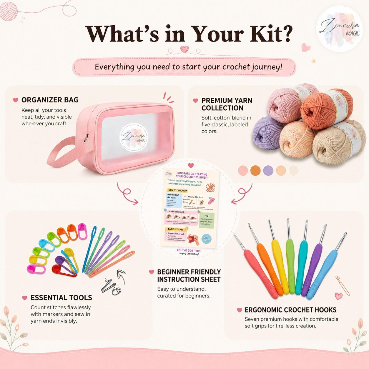 Zenaura Crochet Set: Beginner Kit with Yarn & Hooks -3
