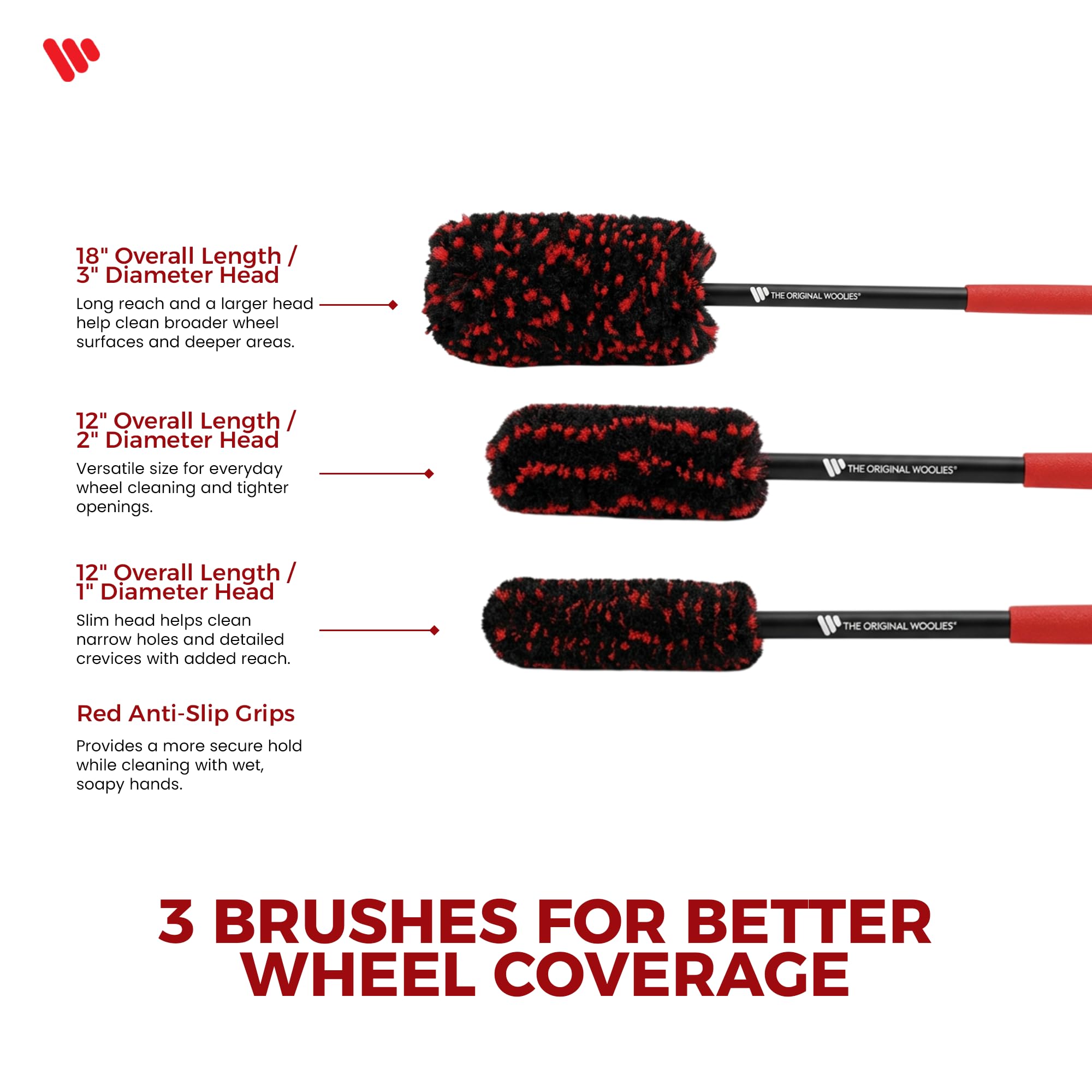 Wheel Woolies Juego de cepillos para detalles de coche, kit de 3 cepillos para ruedas de automóvil (18, 12 y 12 pulgadas) para llantas, barril, radios y polvo de freno, cepillo suave sin arañazos con