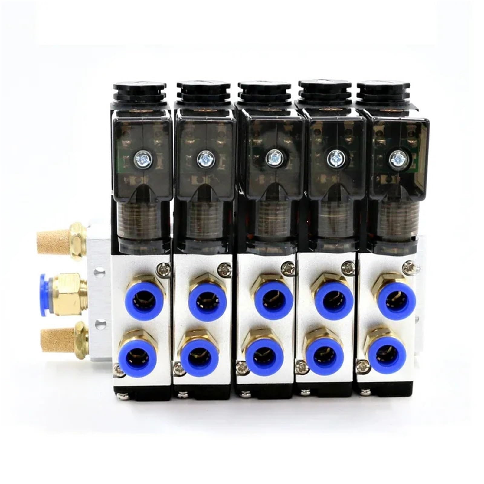 Bloque de electroválvula neumática 4V210-08 DC12/24V con silenciador, base de colector, 2/3/4/6 vías, 1 unidad(5 Row 12mm fitting,DC24V)