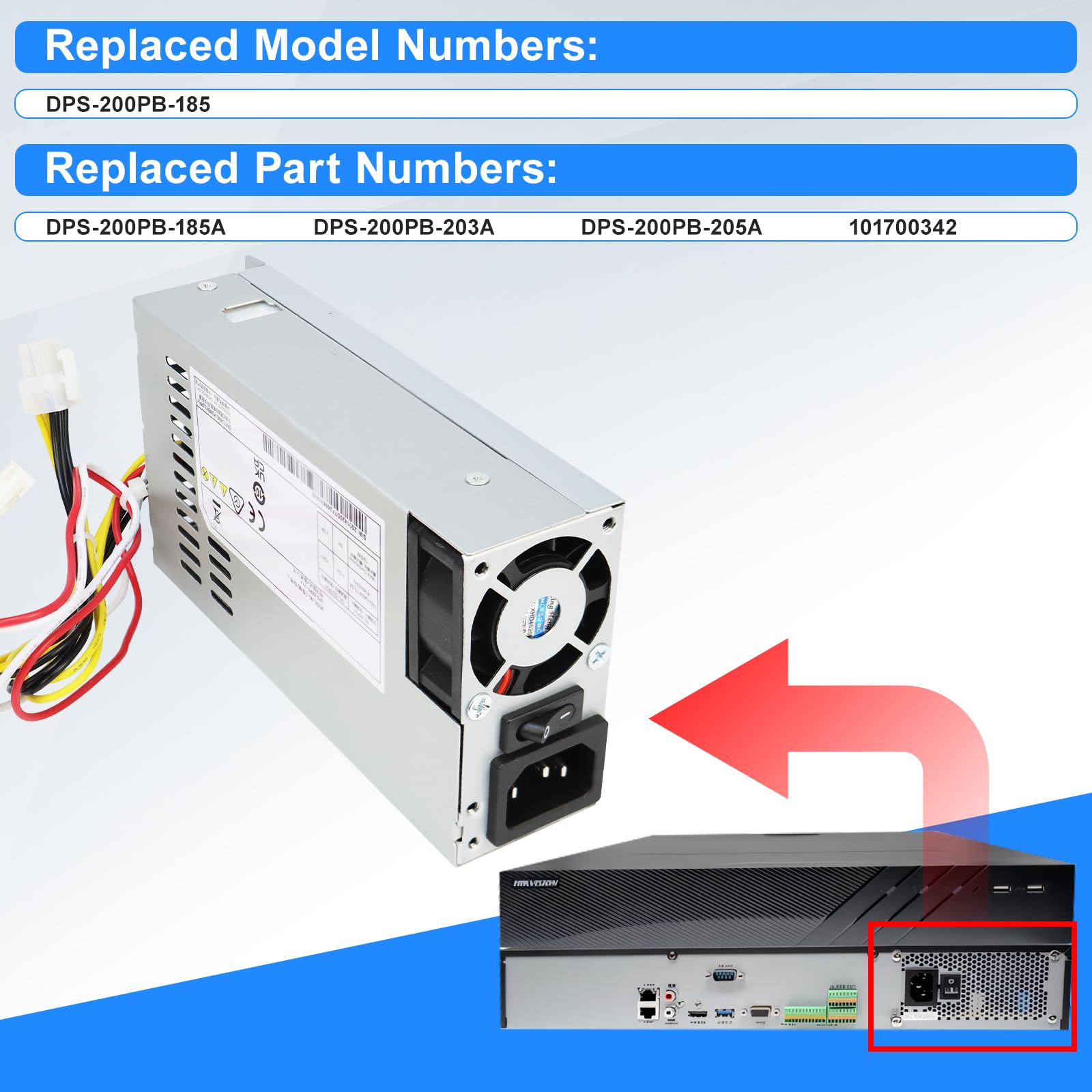 Upgraded DPS-200PB-185 A Fuente de alimentación de 190W de Repuesto para Hikvision 7808N PoE Videograbador Compatible con Delta 7816N 7916N 7808N DPS-200PB-185A DPS-200PB-203A (Conector 6Pin+2Pin)