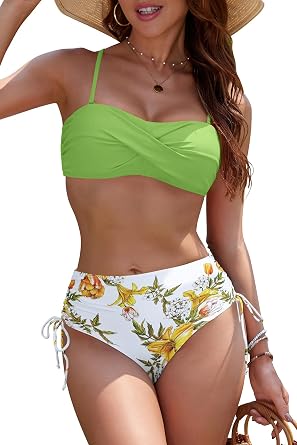 SHEKINI Womens Bikini Sets Two Piece Twist Front Strapless Bandeau Bikini Swimsuit Printed Bathing Suit with Side Tie