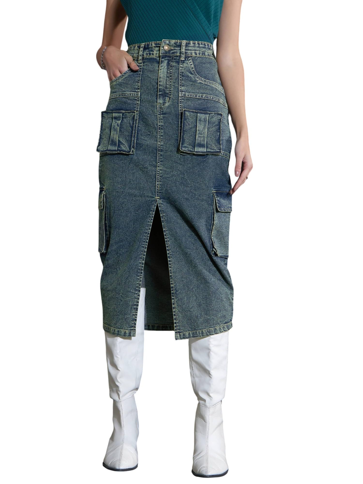 sassafras Women Washed Denim Box Pocket Midi Skirt-picture-42