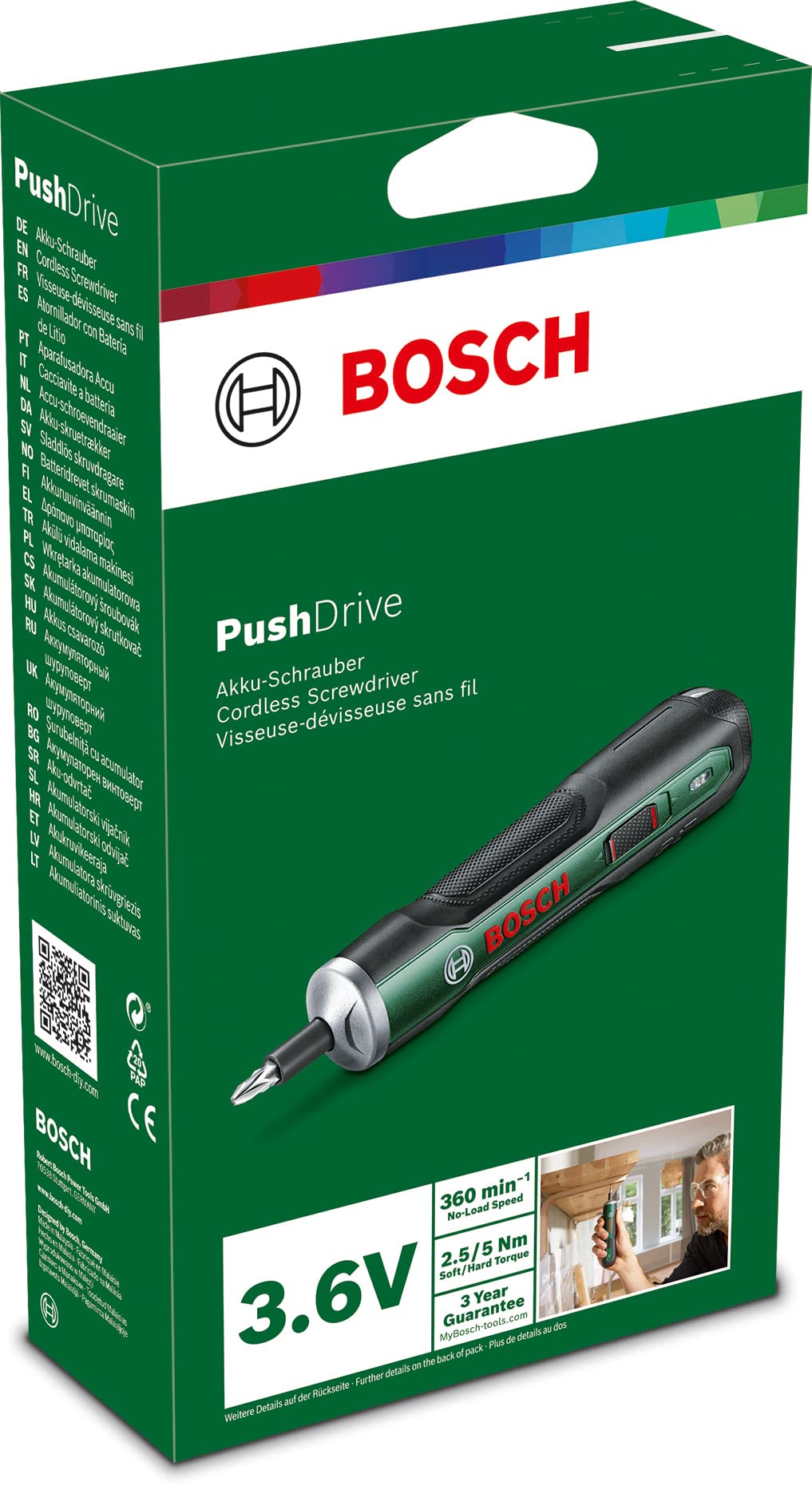 Bosch Home and Garden Cacciavite a batteria PushDrive Starter Set (3,6V; 1,5Ah; 5,0 Nm; 10 punte per cacciavite; con cavo caricabatteria micro-USB; in confezione di cartone)