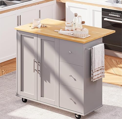 SUNLEI Isla de cocina con ruedas con armario de almacenamiento y hoja plegable, mesa de cocina rodante, asa de carrito para toallero, hoja caída,