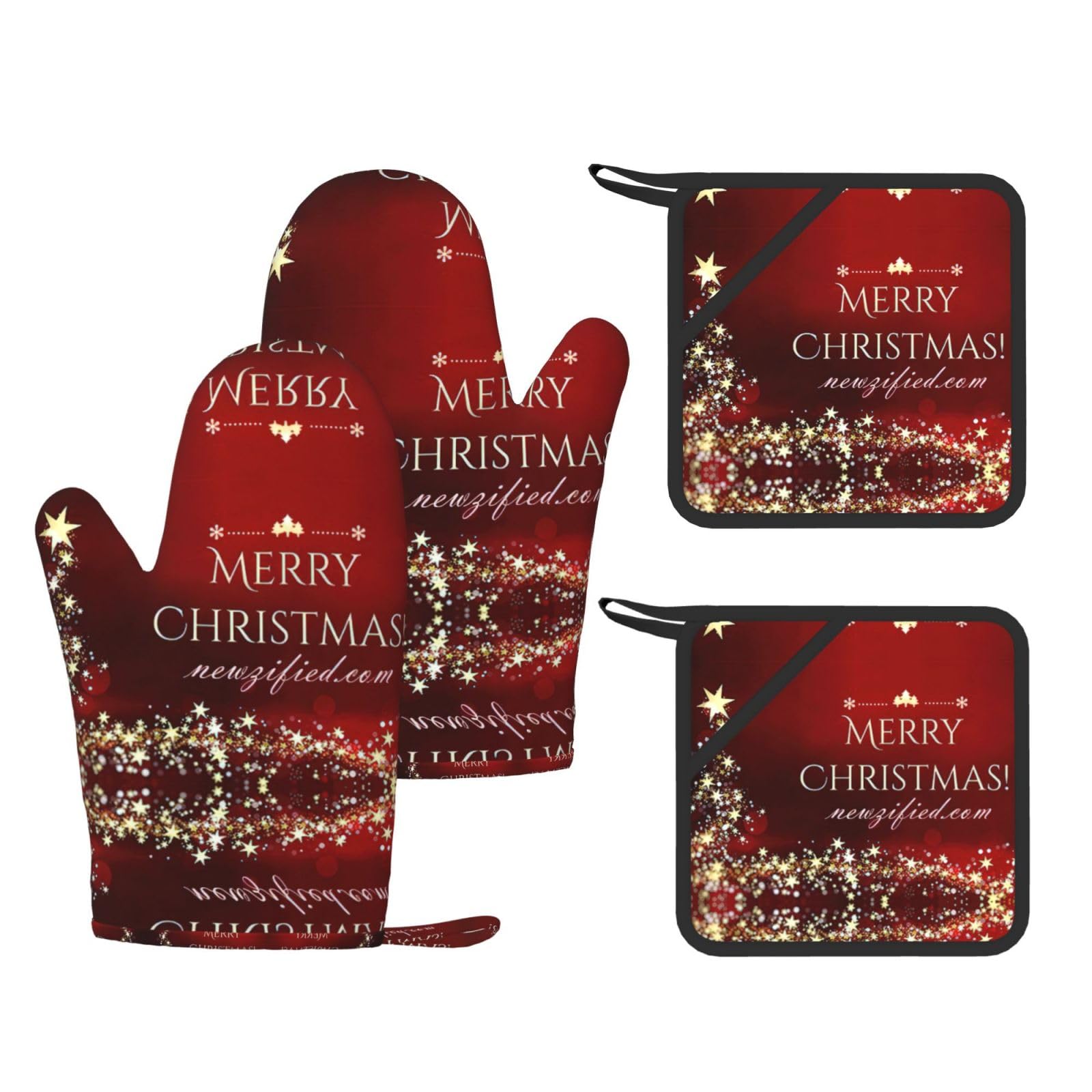 Merry Christmas Printed Potholder and Oven Mitt Set of 4, High Heat Resistant Cooking Gloves for BBQ Grilling