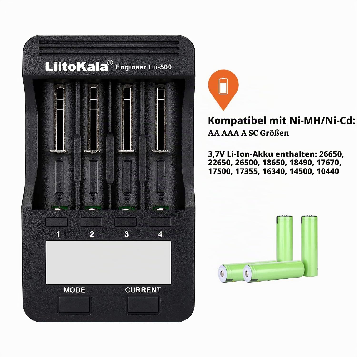 18650 Akku Ladegerät LiitoKala Lii-500, AA Batterieladegerät mit LCD-Display inklusive 12V2A Adapter unterstützt USB Ausgang für 14500 21700 Li-ion AA AAA NI-MH NI-CD, 4 Schacht