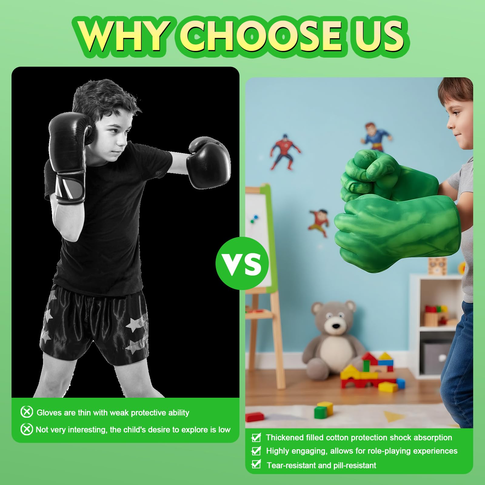 Gants de Boxe Enfant, poings en Peluche Douce, pour Cosplay, Noël, Halloween et Anniversaire, Cadeau Insolite pour garçons et Enfants (Vert)