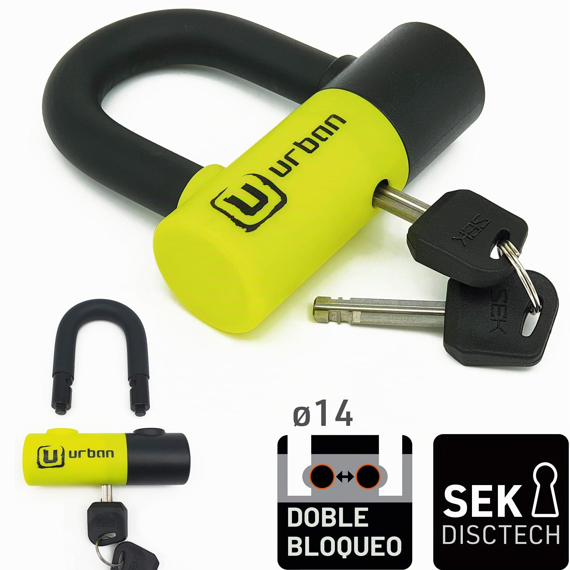 URBAN UR59K100 Antirrobo Moto Cadena Alta Seguridad de Acero Especial Endurecido de 13.5 mm y Sólido Candado Mini U 14mm, Para Motocicleta Scooter y Bicicleta eléctrica, 100 cm, Negro/Amarillo