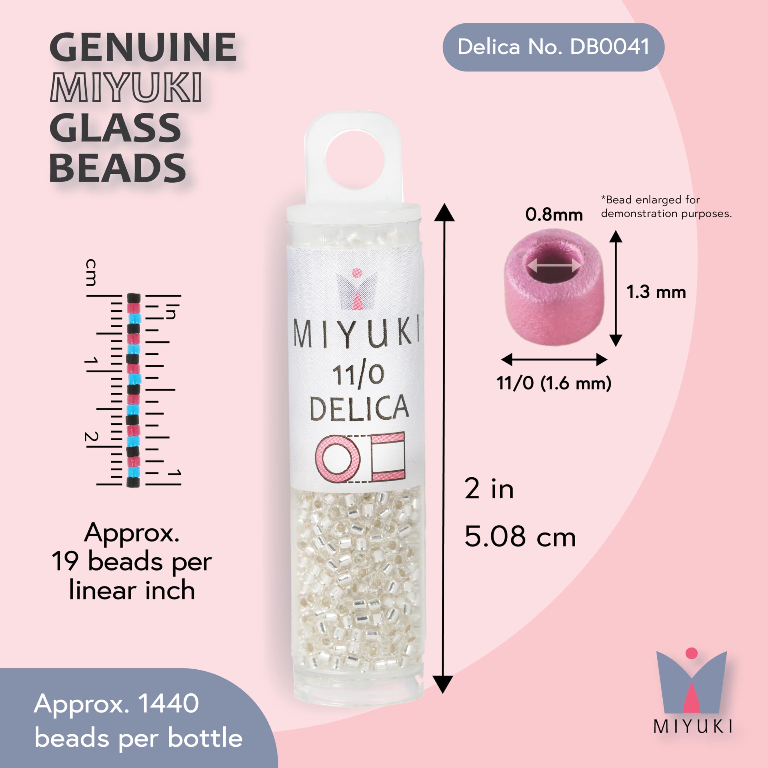 Miyuki DB041 7.2gm Delica Seed Beads, Size 11/0, Silver Lined Crystal