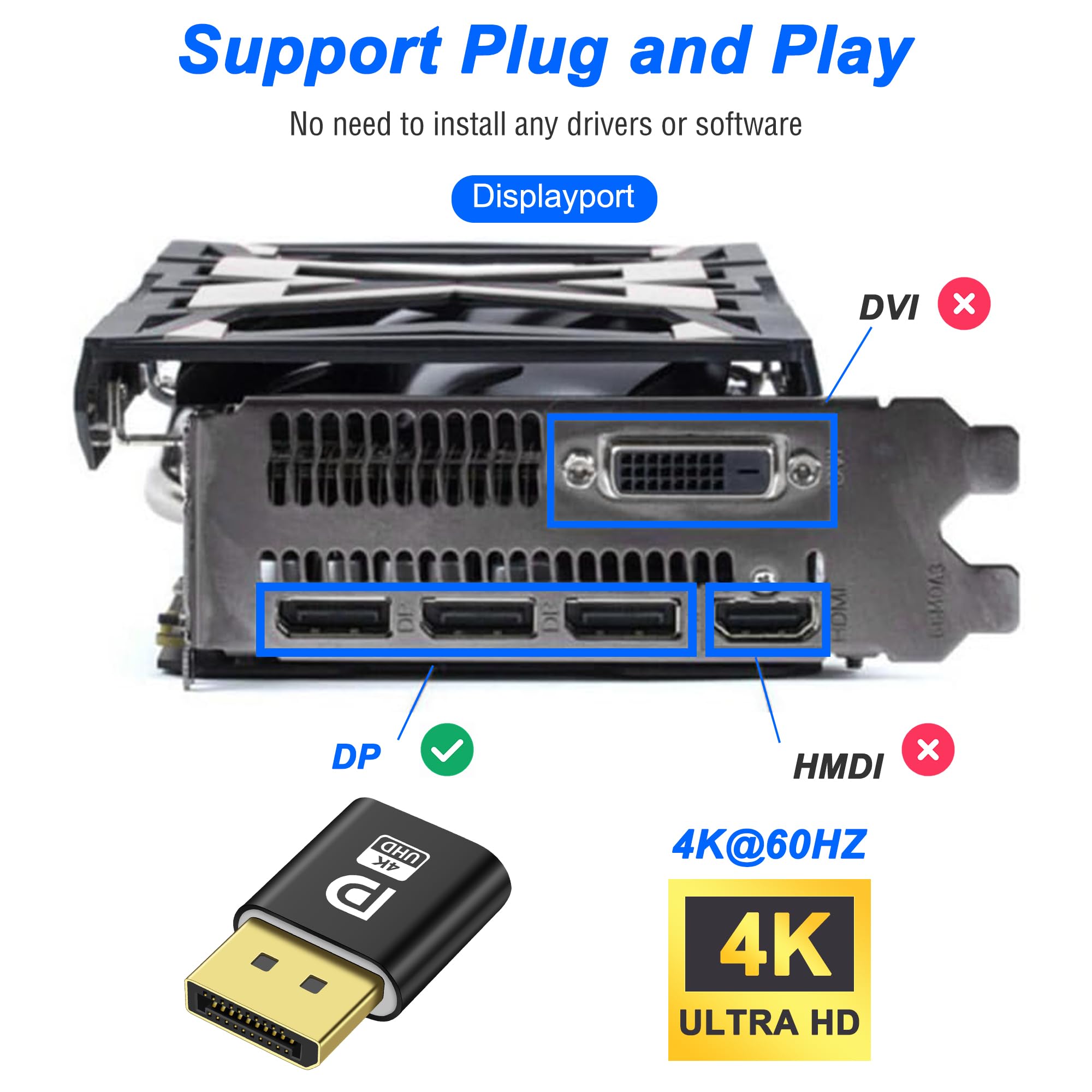 MEIRIYFA Display Port Headless Ghost Display Emulator 4K DisplayPort Dummy Plug EDID Emulator Virtual Display Adattatore per Crypto Mining, Remote Server, Desktop virtuali (2PCS)