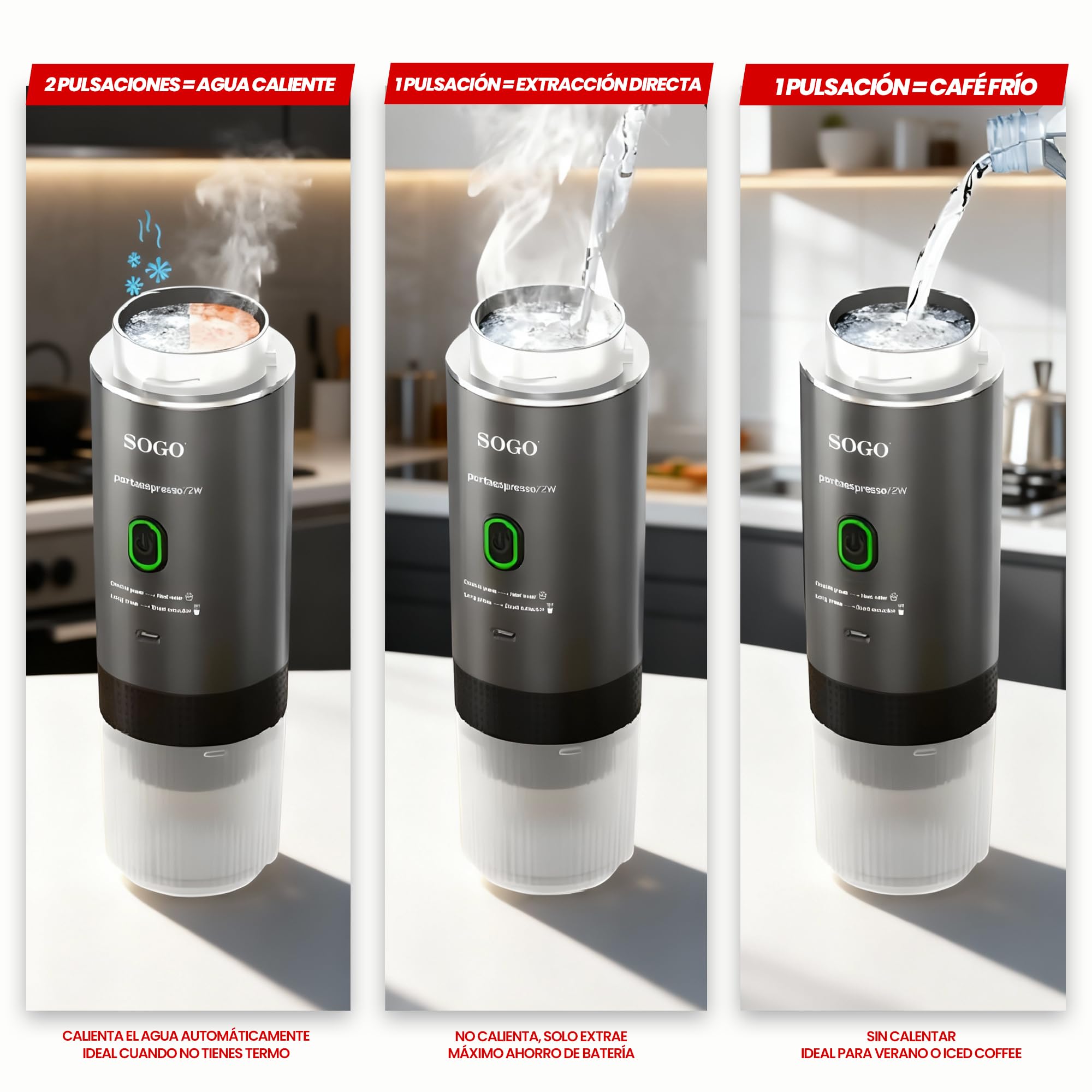 SOGO Cafetera Portátil Recargable 4 en 1 para Cápsulas y Café Molido - Mini Cafetera Compatible Nespresso y Dolce Gusto - Máquina de Café para Viajes Compacta con Función Caliente y Fría