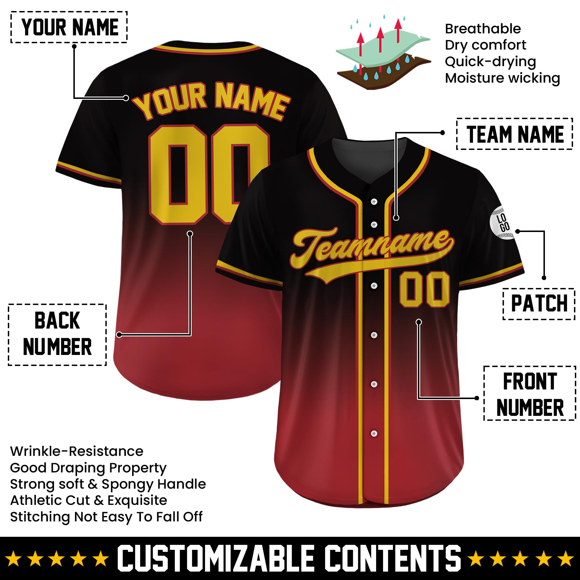 Custom Baseball Jersey – Personalized Name, Number & Logo, Gradient Black Red Sport Uniforms Baseball Jerseys for Men, Women, Youth, Toddlers