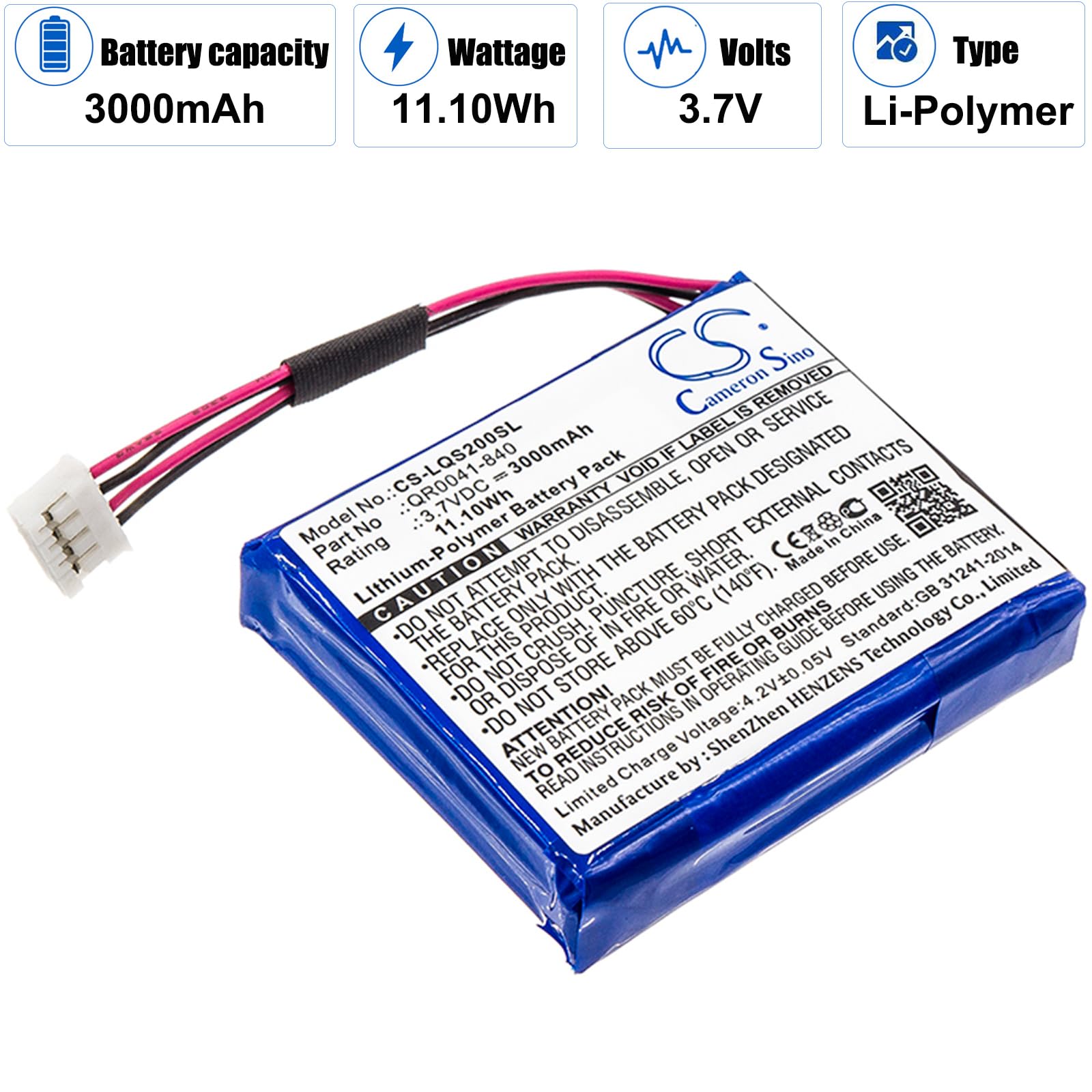Cameron Sino Battery for Qolsys IQ Panel 2, IQ Panel 2 Plus, IQ Panel 2 Touch Panel PN:Qolsys QR0041-840, SP584646-1S2P 3000mAh / 11.10Wh
