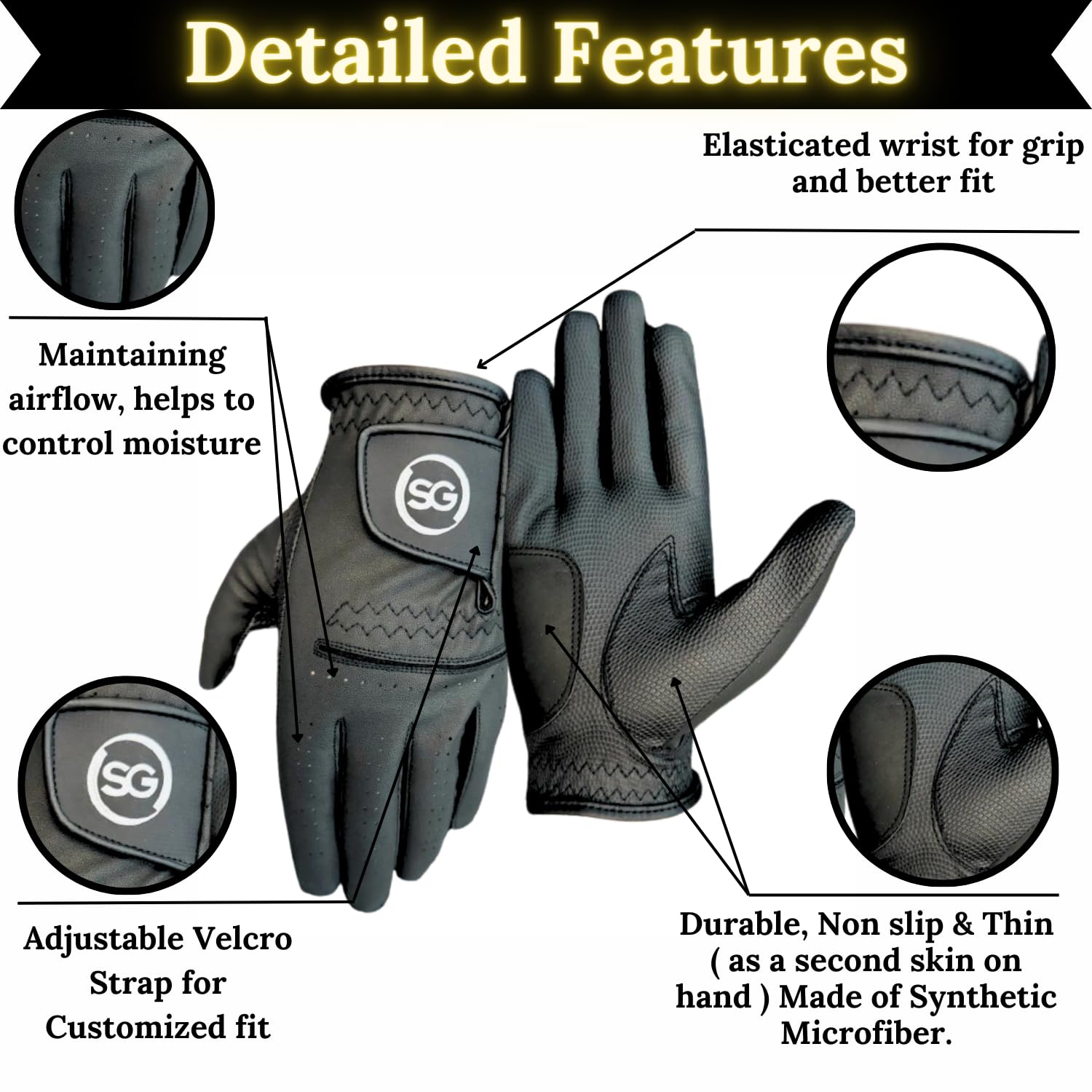 Pack of 3 Synthetic Microfiber Men's Golf Gloves, Adjustable Closure Strap, Suitable for All Weather Conditions - Image 2