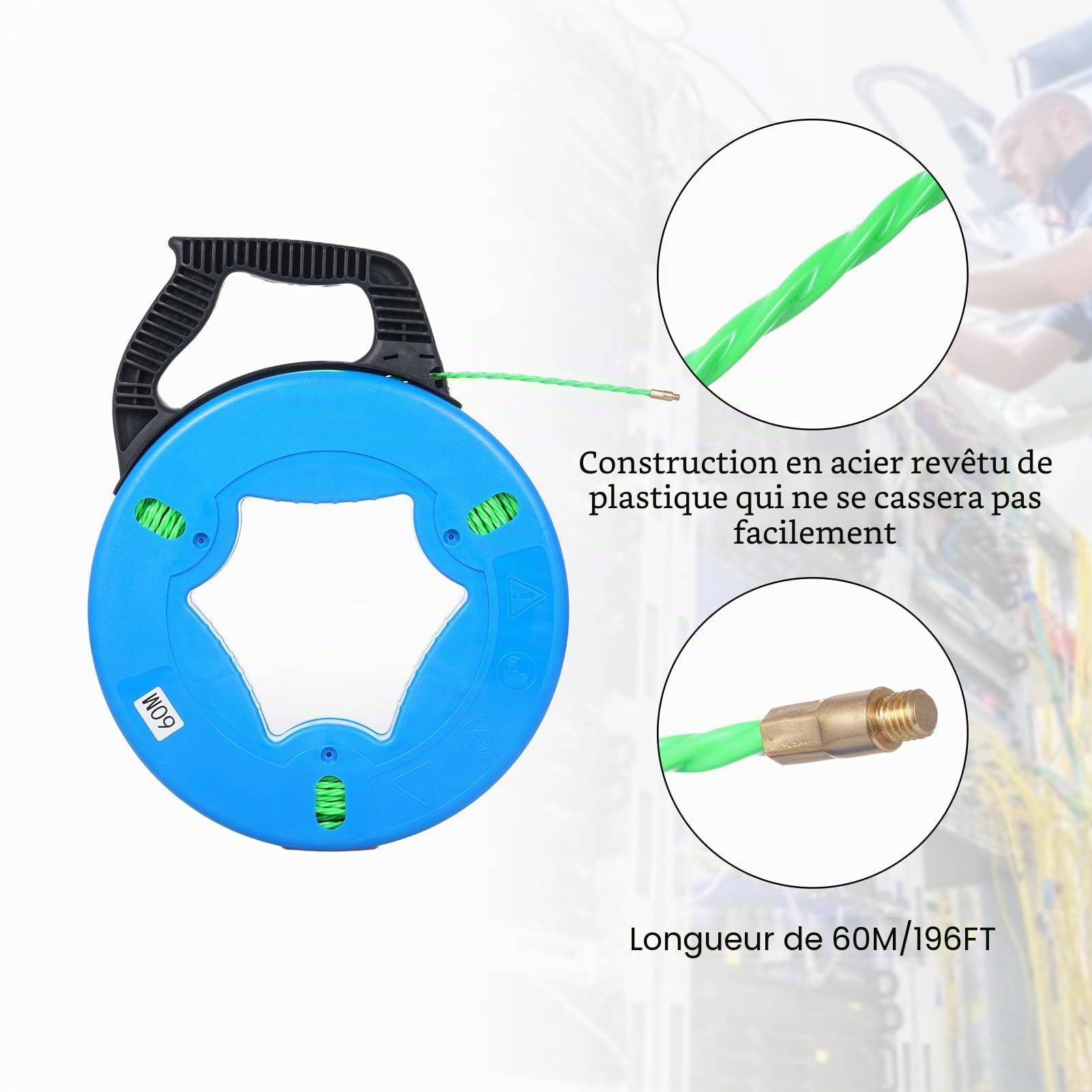 Aide à l'extraction de câbles de 60 m - Avec 7 Adaptateurs pour Aiguille Tire Fil, Fil de traction PET de qualité supérieure Spirale rétractable raffinée pour tubes vides