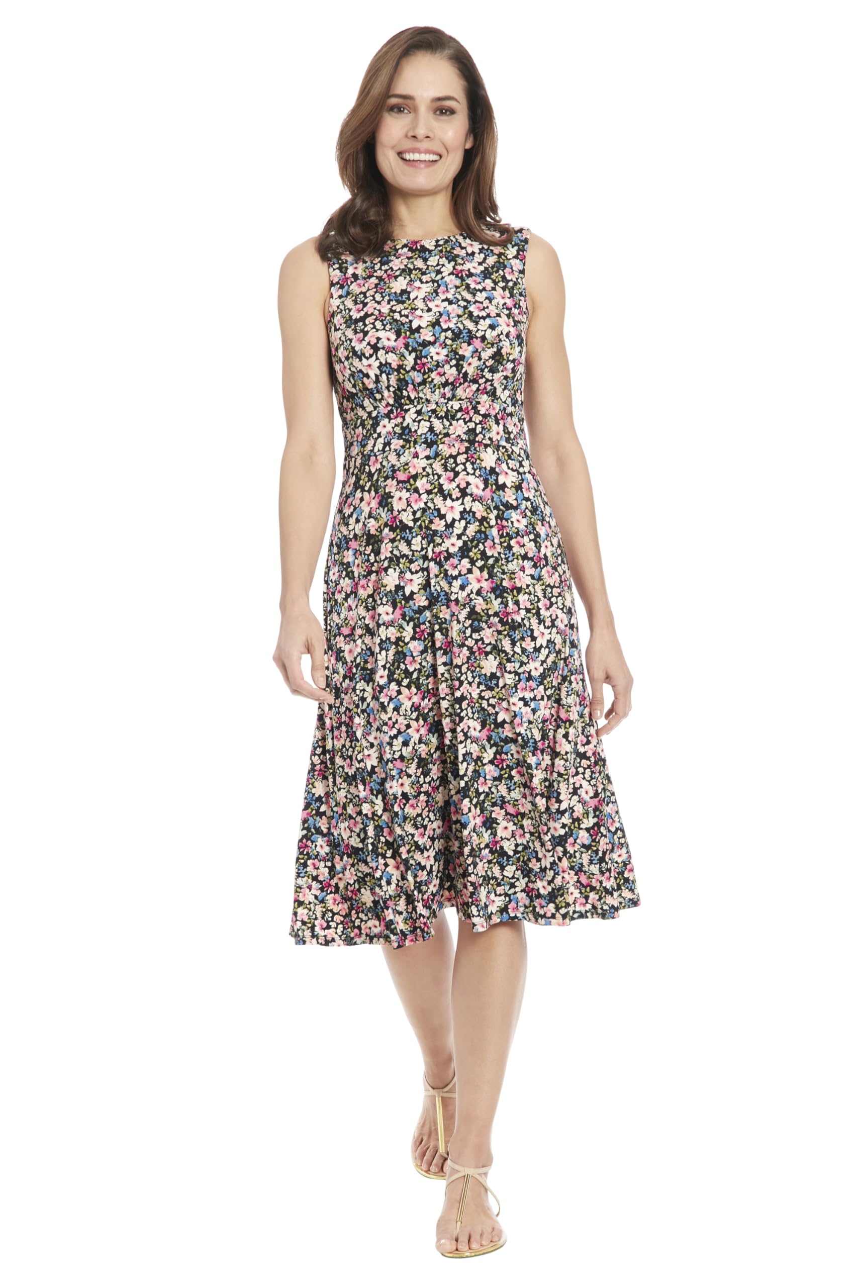 London Times Women's Sleeveless Inset Waist Midi Fit and Flare Dress