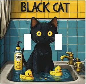 Decorative Light Switch Cover Plate Novelty Black Cat Funny Duck Bath 2 Gang Wall Plate Oversized Double Toggle Two Switch Wall Cover Plate Dual Device Faceplate