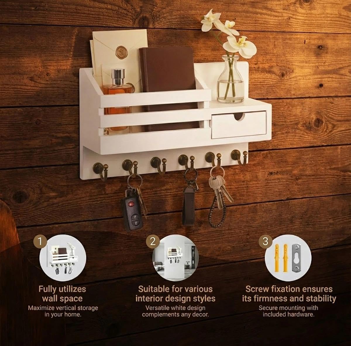 Portachiavi da Parete Ripiano E Cassetto,ripiano a Parete per Organizzare Le Chiavi, Portachiavi in Legno con 6 Ganci,per Ingresso, Corridoio, Soggiorno O Ufficio – Bianco