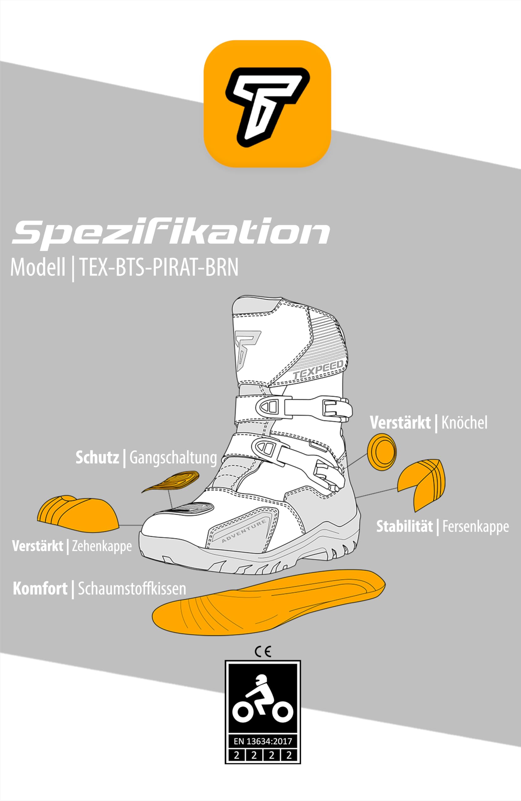 Texpeed Motorradstiefel Herren Leder – Vintage Pirates, 100% wasserdicht, kurzer Schaft, CE-geprüft, Touring-Bikerschuhe – Braun - EU 41