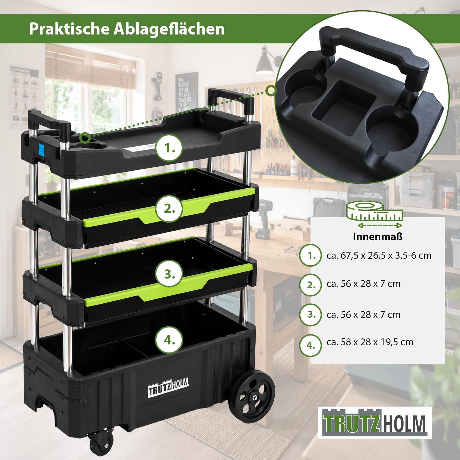 TRUTZHOLM Montagewagen klappbar mobil transportabel 67,5 x 40 x 95 cm Traglast 80 kg 4 Ablagefächer leer