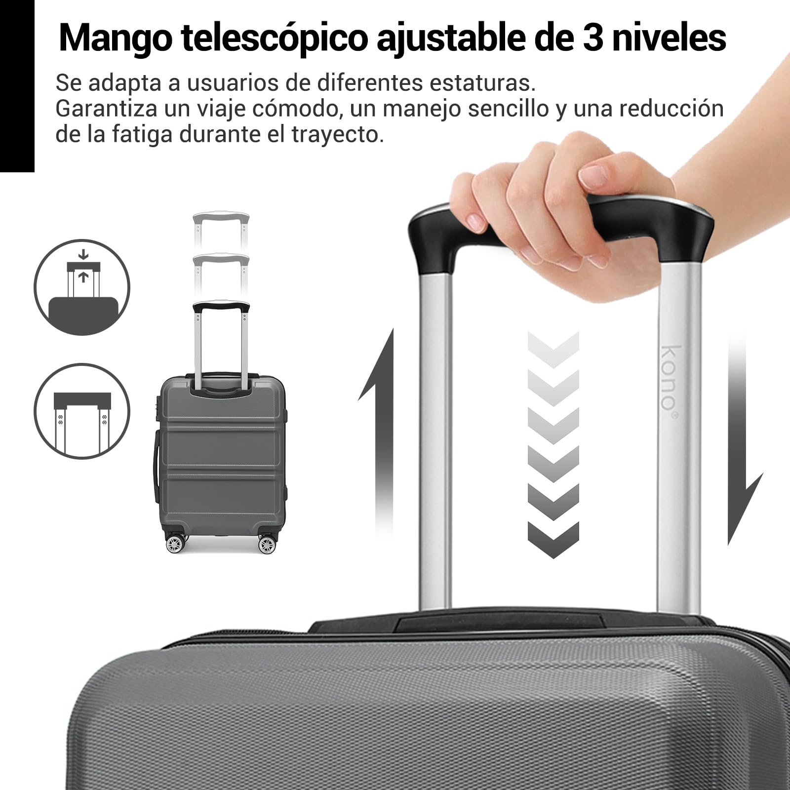 Kono Maletas de Viaje Mediana 65cm, Equipaje Facturado, Gris | ABS+PC Ligera, Textura Antiarayaduras, 4 Ruedas TPE 360°, Cerradura TSA, Mango 3 Alturas, Organización Interior