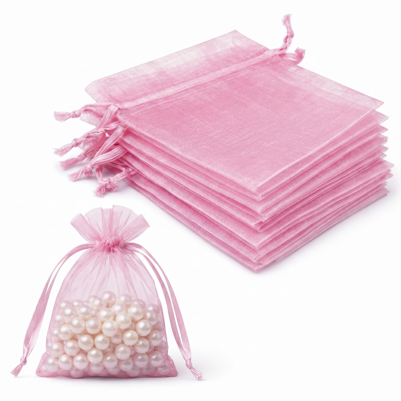 Lafefe 20Pcs Organza Gift Pouches, 7x9CM Clear Mesh Drawstring Pouches, Organza Gift Bags for Wedding Favours, Party, Festival, Candy and Game Favour Bags - Pink