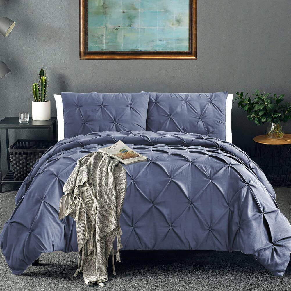 LinenEra 1 Piece Pinch Pleat Duvet Cover Set-100% Natural Cotton Quality Ultra Soft with Zipper Closure, Corner Ties- Pin Tuck Duvet Cover - 600 TC (Grey Blue,Twin/Twin XL)