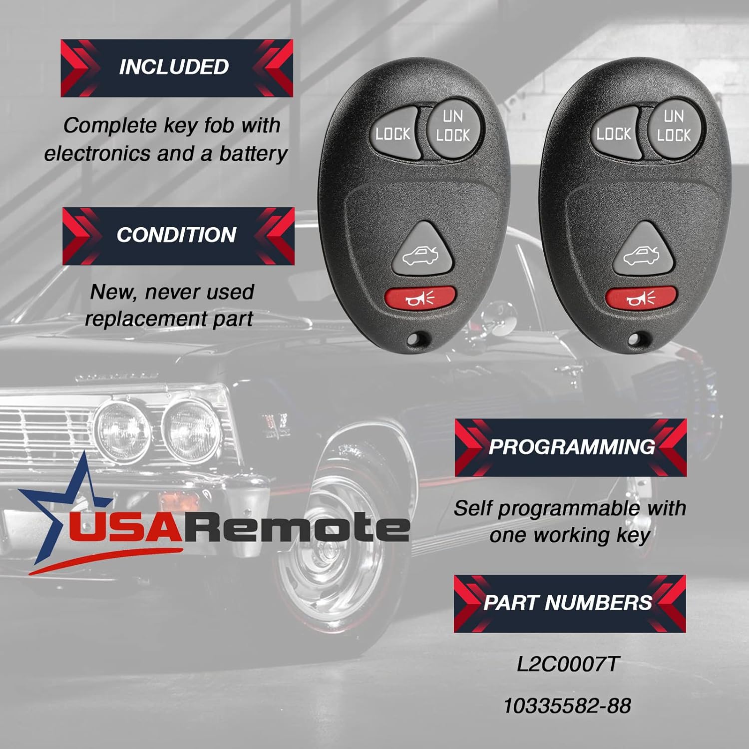 Image detailing key fob features: complete electronics and battery included, new replacement part condition, self-programmable, and part numbers L2C0007T and 10335582-88.