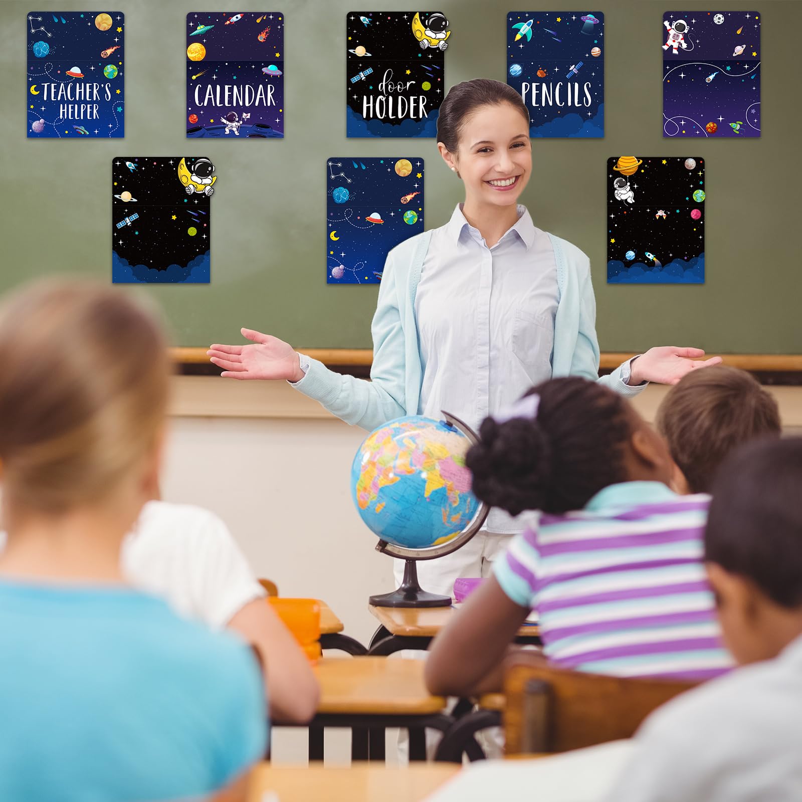 Pajean 75 Pcs Classroom Jobs Cards Teacher's Helpers Bulletin Board Set Class Jobs Pocket Chart with Chalkboard Brights Name Tags for Preschool Elementary Back to School Decor(Galaxy)
