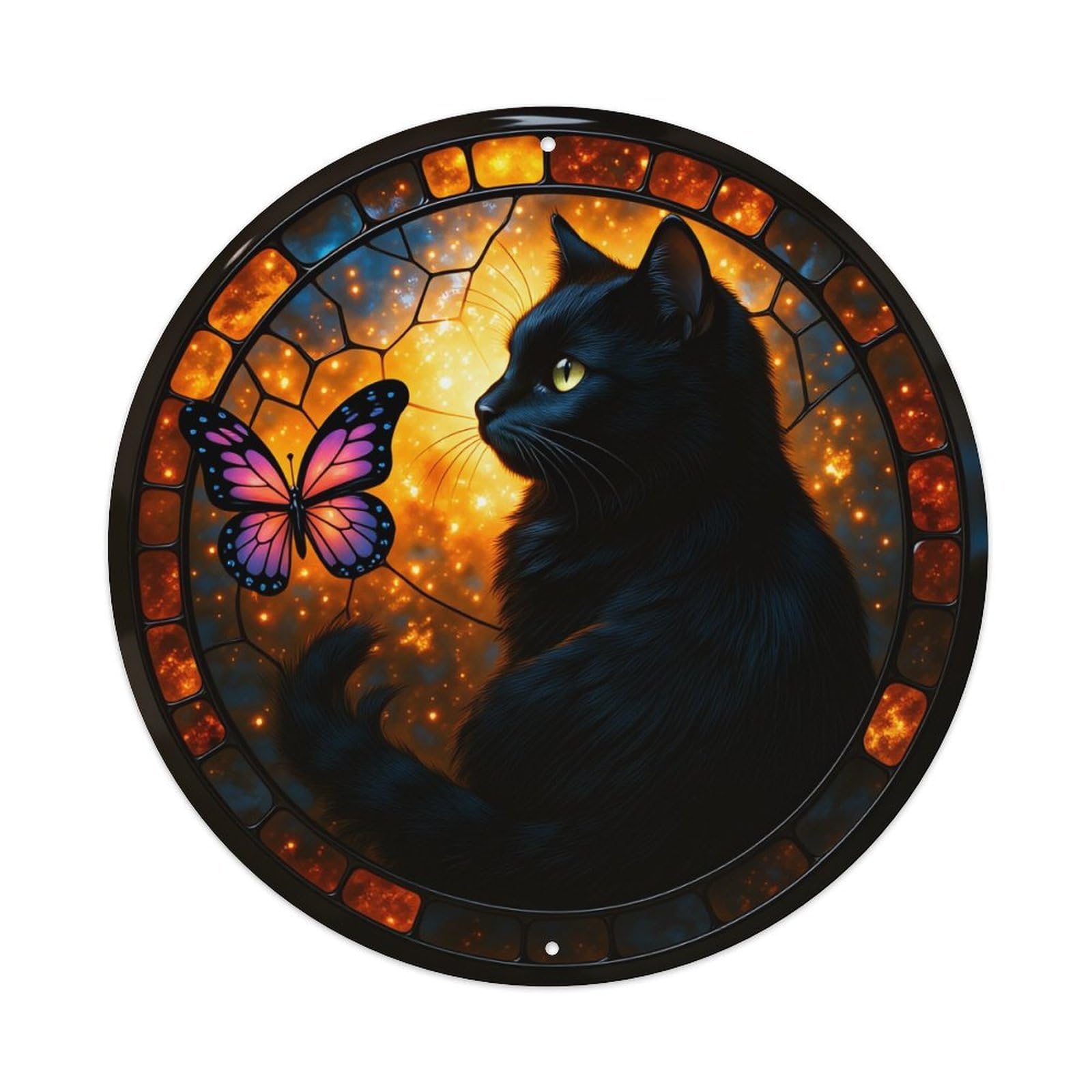 Black Cat And Butterfly Stained Glass Round Tin Sign Vintage Metal Sign Home Bar Garden Indoor & Outdoor Wall Decor Retro Metal Poster 8x8 Inch
