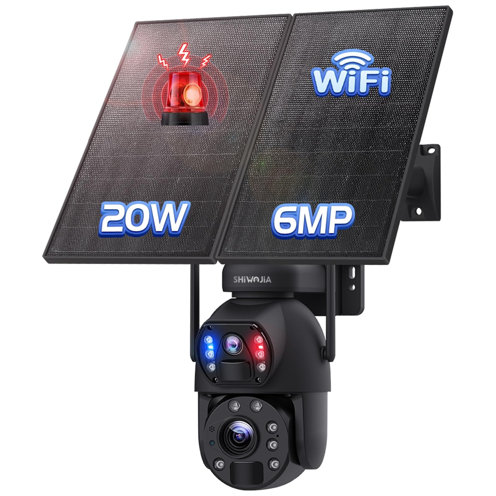 SHIWOJIA Telecamera Esterna Senza Fili Solare [Registrazione 24/7], Telecamera di Sorveglianza Solare con Pannello Solare 20W Batteria 20,000mAh, Doppio Obiettivo, Doppio PIR
