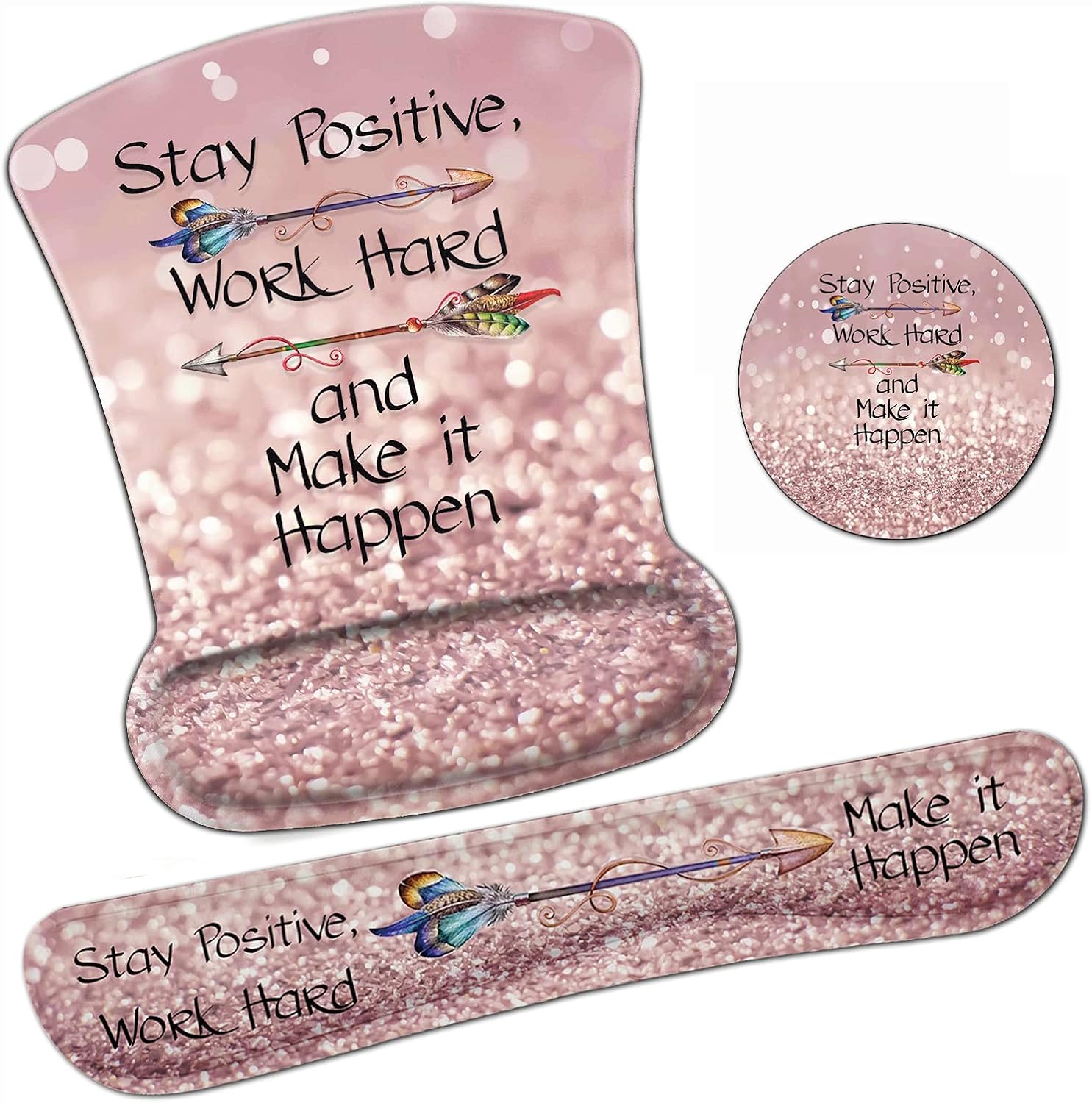 Ergonomic Mouse Pad Wrist Support Gel and Keyboard Wrist Rest Set Stay Positive Work Hard and Make It Happen Pink Glitter Design for Laptop Gaming and Office,Comfortable and Pain Relief + Coaster