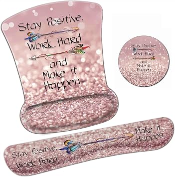 Ergonomic Mouse Pad Wrist Support Gel and Keyboard Wrist Rest Set Stay Positive Work Hard and Make It Happen Pink Glitter Design for Laptop Gaming and Office,Comfortable and Pain Relief + Coaster