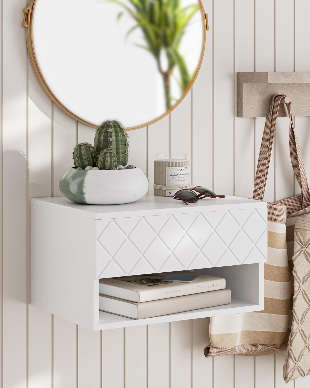 HEYZOEY Table de Chevet Flottante Moderne - Petite Table de Nuit avec Tiroir - Étagères pour Chambre à Coucher, Salle de Bain - Diamant Blanc