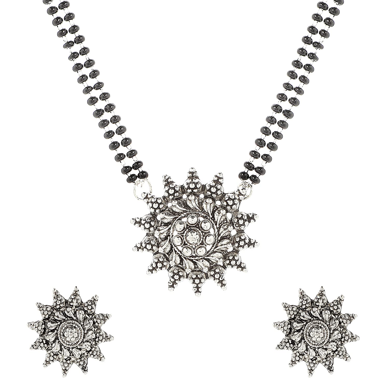 Parna Maharashtrian Traditional Jewellery Oxidised Silver Black Beads Chain Long Mangalsutra For Women with Stylish Pendant and Oxidized Earrings Set (24 Inch) (B099PM861R) Amazon Price History, Amazon Price Tracker