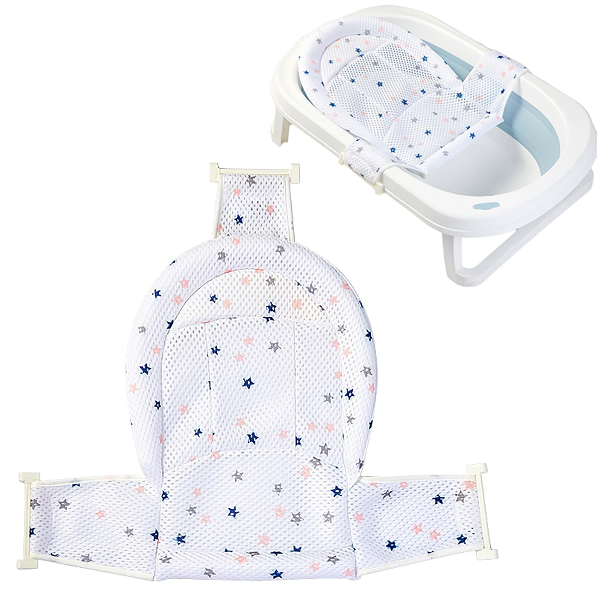 Bain en T Antidérapant pour Bébé - Blanc, Filet de Tapis maille, Support Nouveau-né avec Sangles Ajustables, Siège de Bain Confortable, 0-12 Mois
