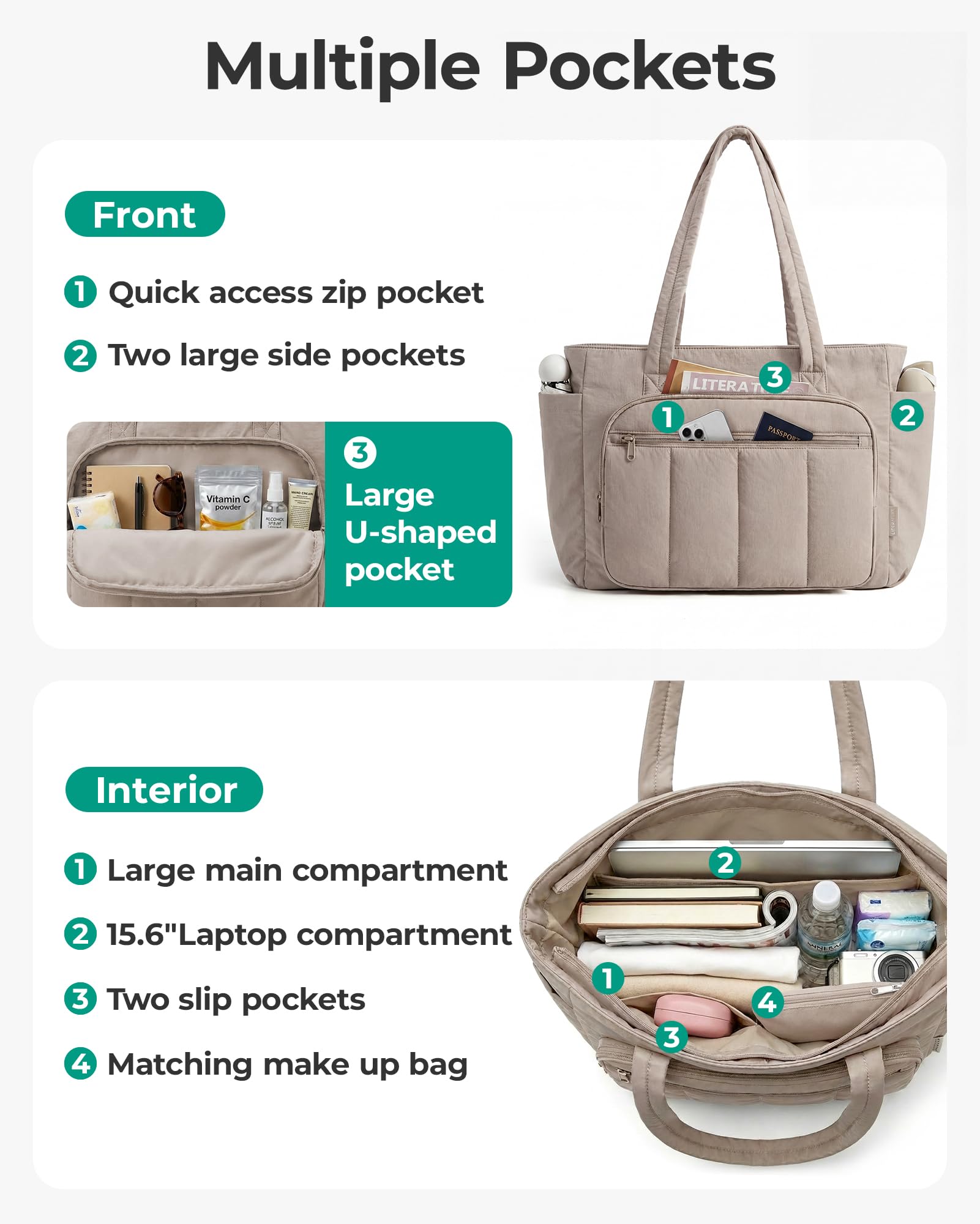 bagsmart Torebka damska, torba na zakupy, lekka, Puffy Tote Bag torba robocza, torba nauczycielska, torba na laptopa o przekątnej ekranu 15,6", torba na ramię z wieloma przegródkami, na uczelnię, do