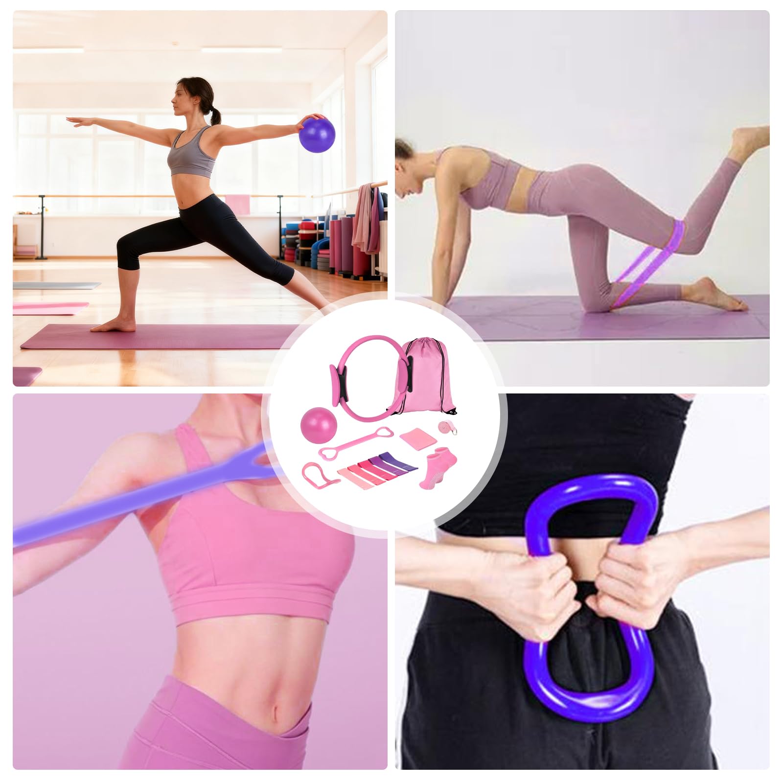 Kit de Pilates 13 Pièces, Ensemble d'Anneau de Pilates, Kit Essentiel de Pilates avec Ballon de Yoga, Anneau de Pilates, Bande de Résistance, Ceinture de Yoga, Chaussettes de Pilates, Ensemble de