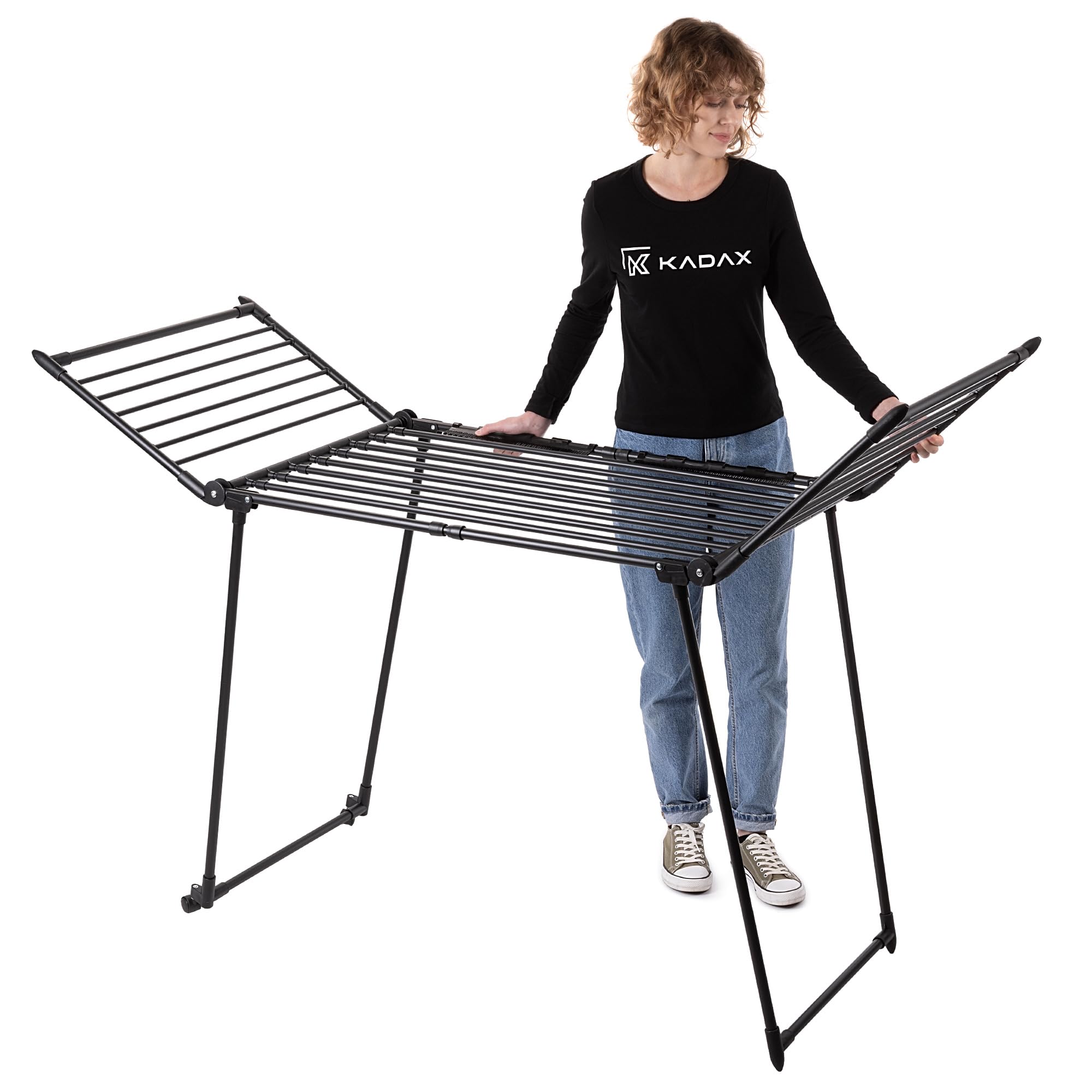 KADAX Tendedero extensible, 257x60x99 cm, secador de pie con gran superficie de secado, secador de ropa plegable, tendedero de alas extensible (Negro)