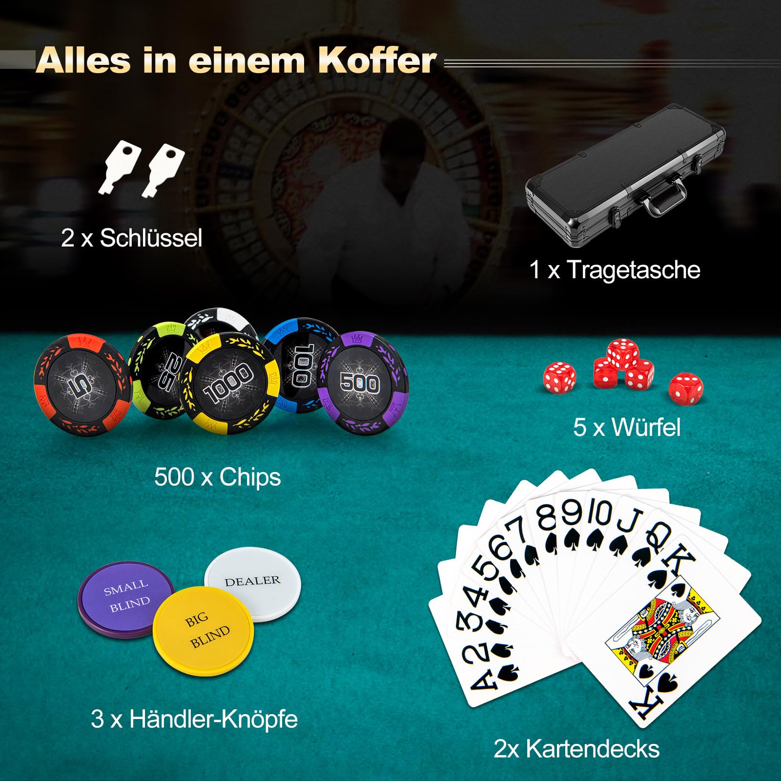 GOPLUS Zestaw do pokera z 300 laserowymi żetonami do pokera, 14 g żetonami, 2 taliami kart, 3 przyciskami dystrybutora i 5 kostkami, kompletny zestaw do pokera z zamkiem
