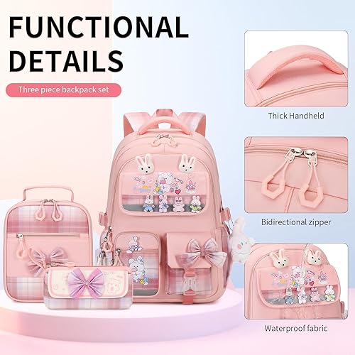 Miniatura 5 de Mochila escolar para niñas, 3 piezas, con lonchera, juego de mochila para adolescentes y niñas, linda mochila escolar para niños y niñas adolescentes