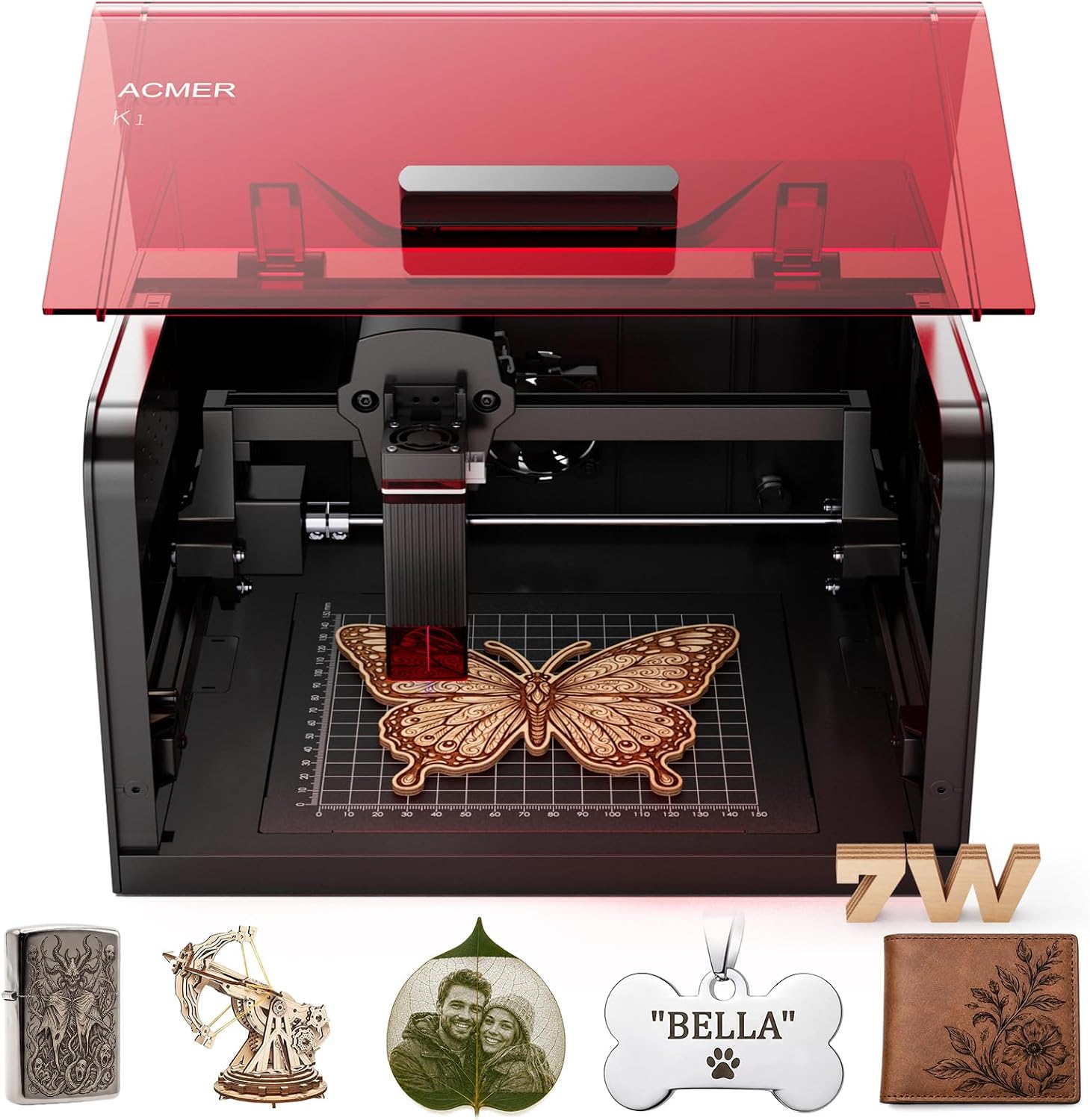 ACMER Laser Engraver, K1 7000mW Desktop Engraving Machine, 150×150mm Work Area, 0.08mm Fine Engraving Spot, Compact Laser Cutter for Wood, Plywood, Acrylic