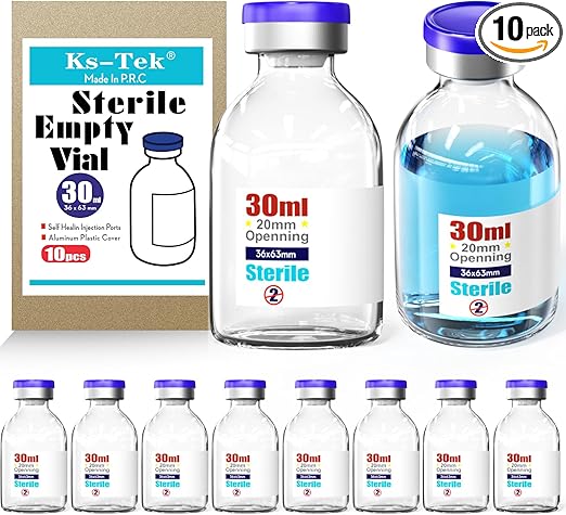 Ks-Tek Sterile Empty Vials with Self Healing Injection Port,with Flip Off Aluminum Cap,Sterile Package (30ml,10)