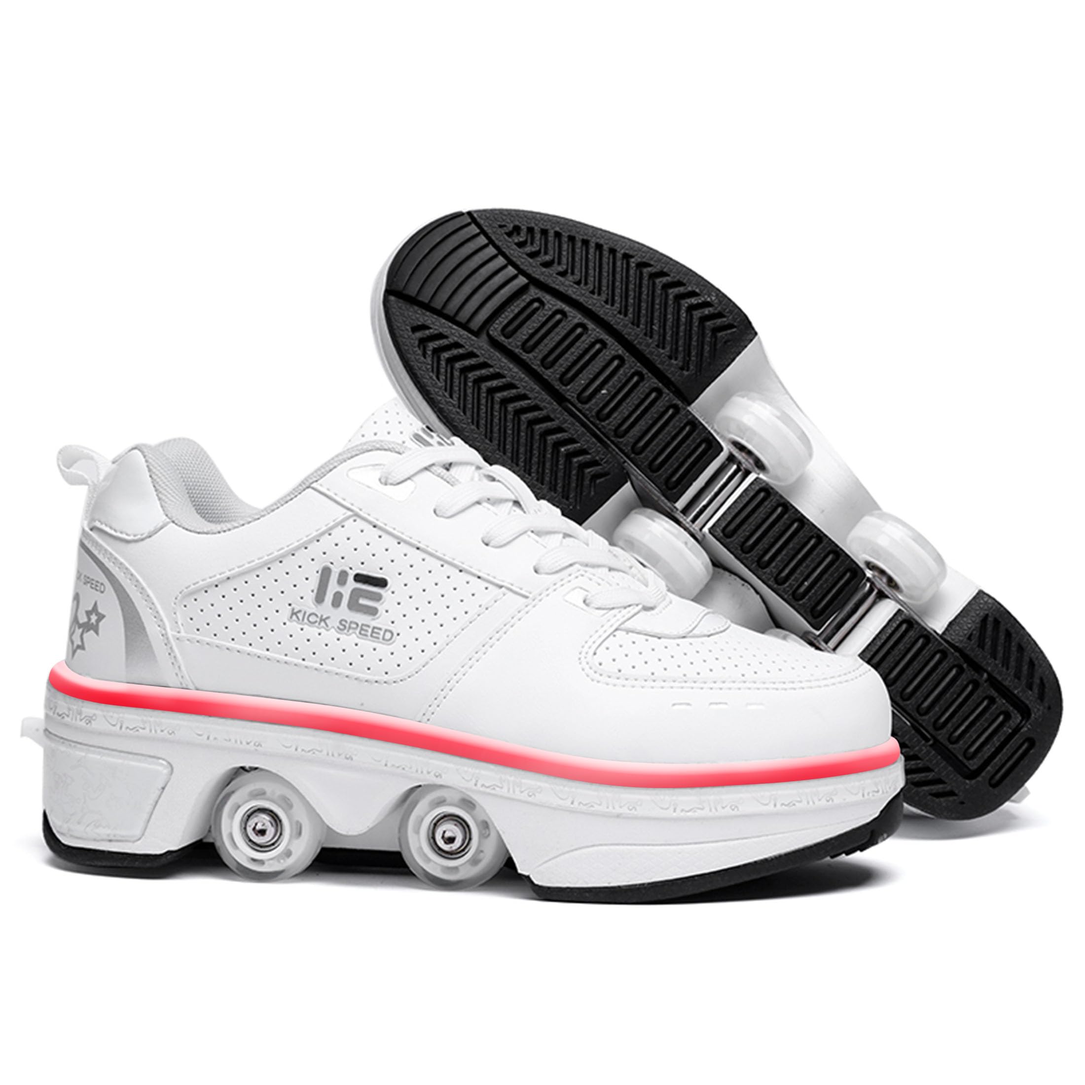 Pairobin2-in-1 Roller Skates Shoes with Retractable 4 Wheels & Pop-Out Deformation Sneakers Outdoor Sports Skating Shoes for Girls Boys
