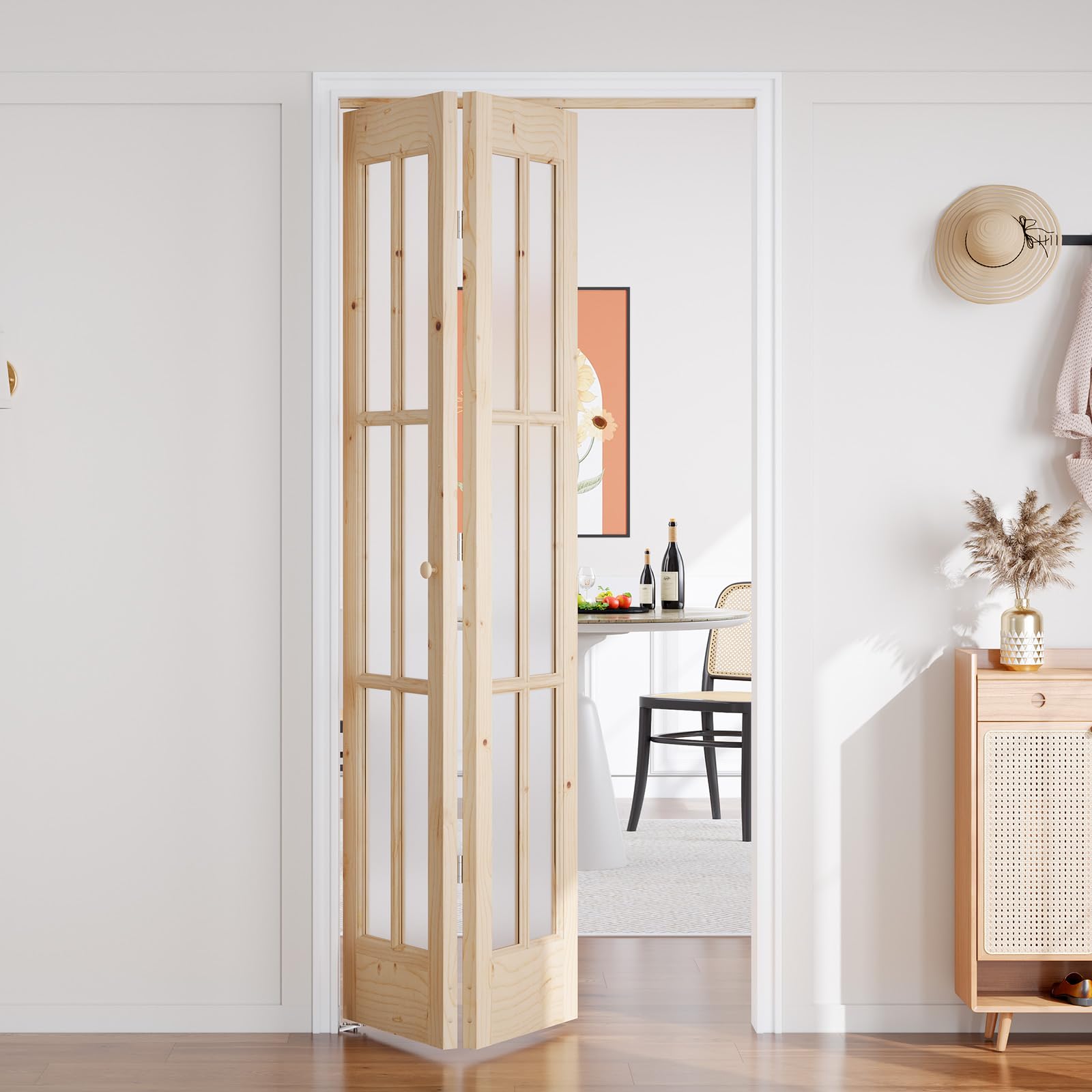 EaseLife 36"x 80" (Double 18" x 80") Bifold Barn Door, Tempered Frosted Glass Bifold Closet Door with 3FT Concealed Hardware Kit, Preassembled French Bifold Wood Door, Easy to Assemble, DIY Coloring